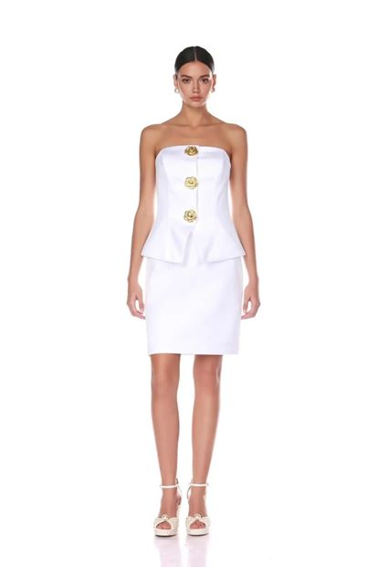 Kemik Gül Detaylı Saten Mini Abiye Elbise